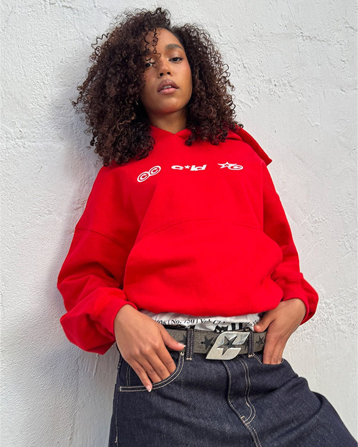 VERTICAL HOODIE RED - red oversized hoodie, front view on female model - Cold Culture