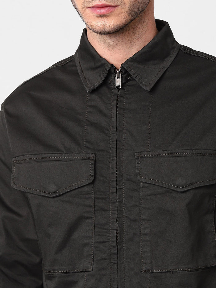 Black Organic Cotton Zip Up Jacket