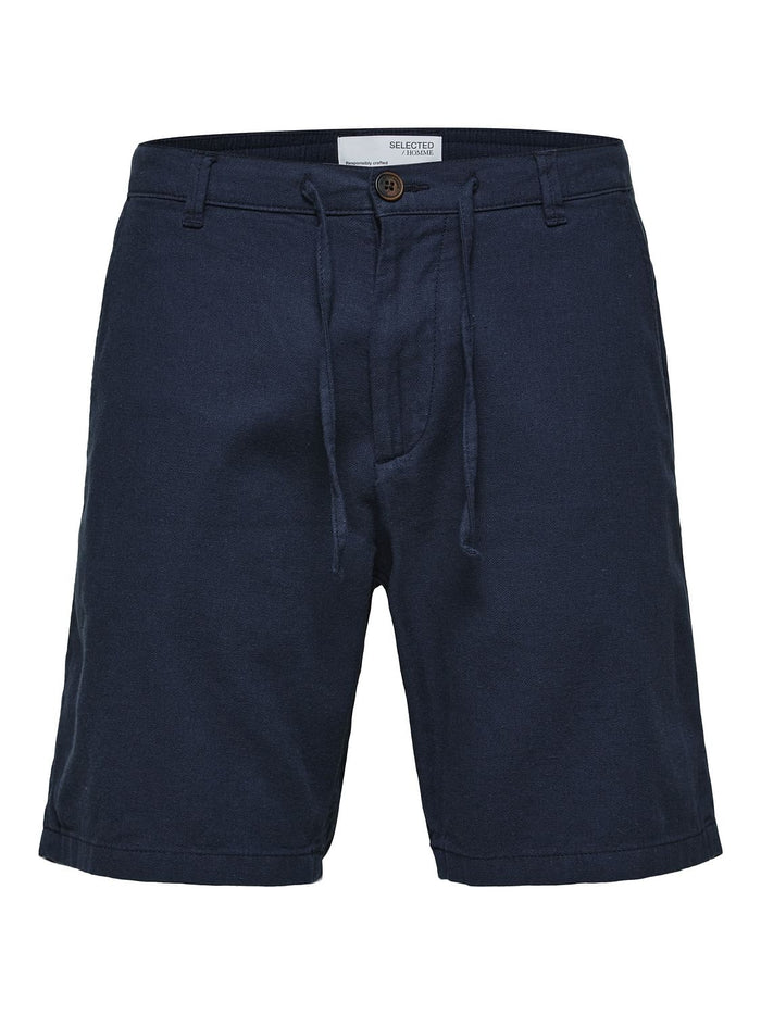 Blue Mid Rise Drawstring Linen Shorts
