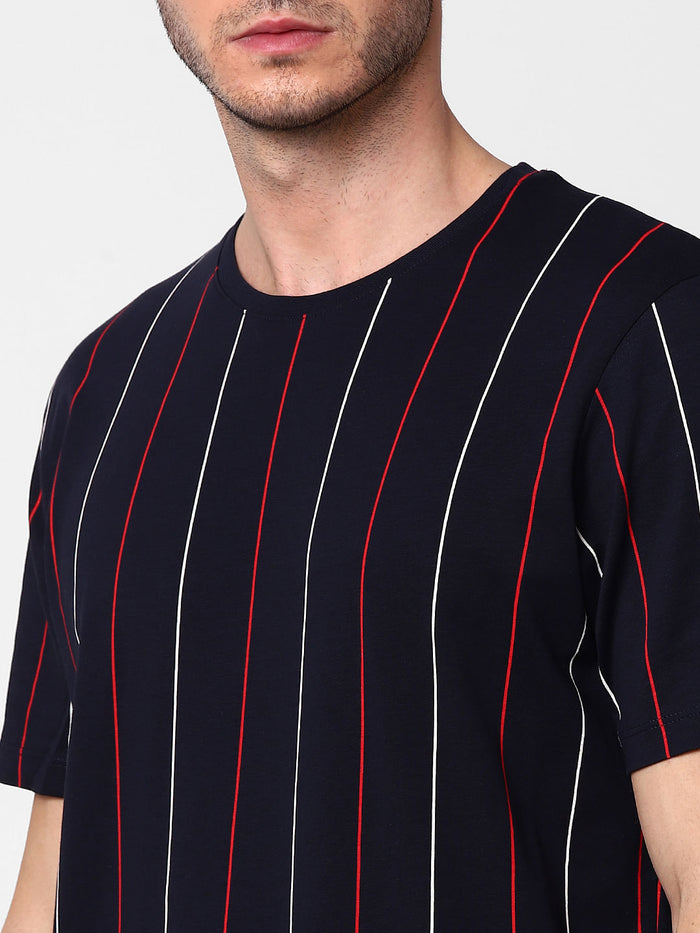 Blue Organic Cotton Striped Crew Neck T-Shirt