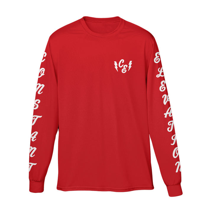Constant Elevation long-sleeve red shirt featuring white CC and two lightning bolts on the left chest, with white stylized text down both sleeves and a classic crew neckline.