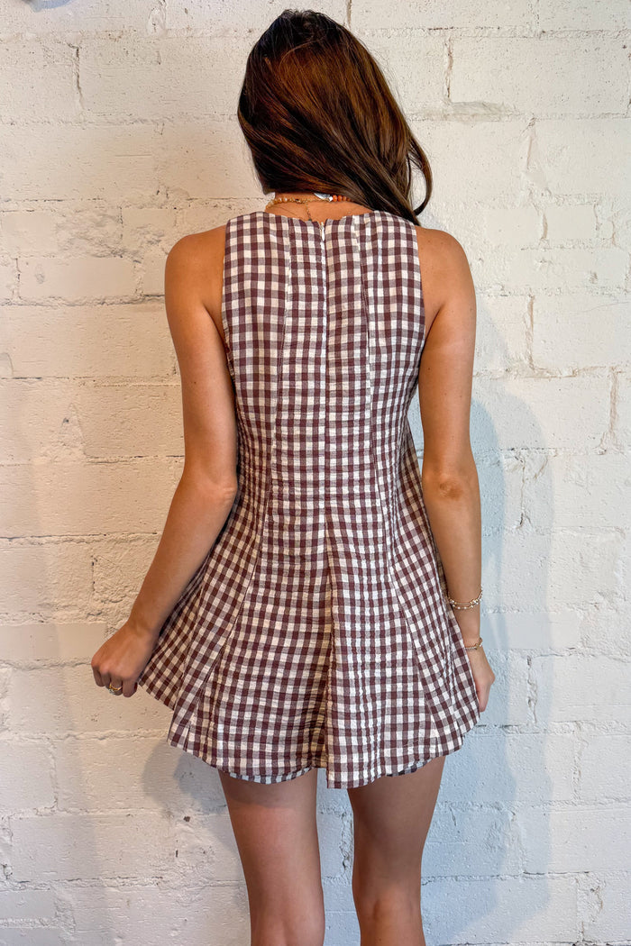 ed gingham romper, gameday outfit. game day outfit, red gingham dress, red gingham clothing , brown gingham romper, brown gingham outfit