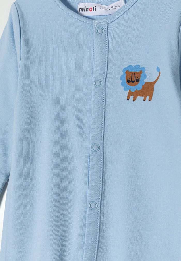 Light blue long-sleeve sleepsuit for boys with lion print detail and press stud fastenings.