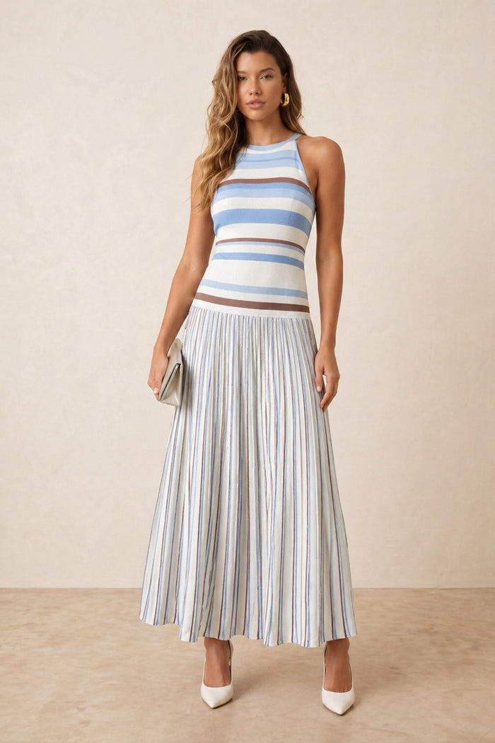 Brown and Blue Stripe Knitted Midi Dress