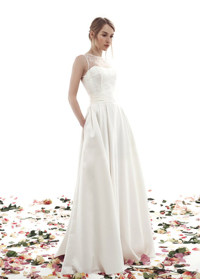 CLASSY SATIN BOAT NECK WEDDING DRESS FIONA