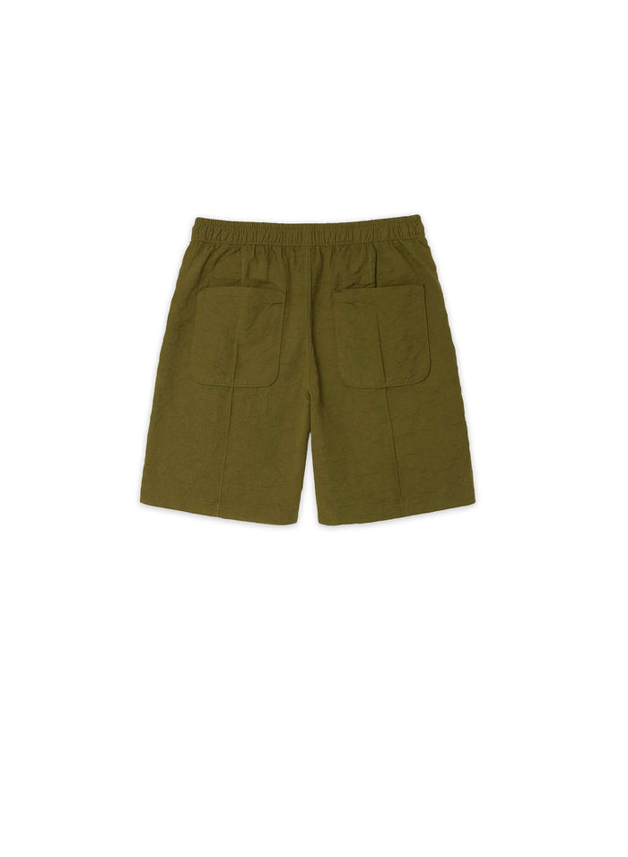 Back view of olive green men's casual shorts with two rear pockets and elastic waistband.