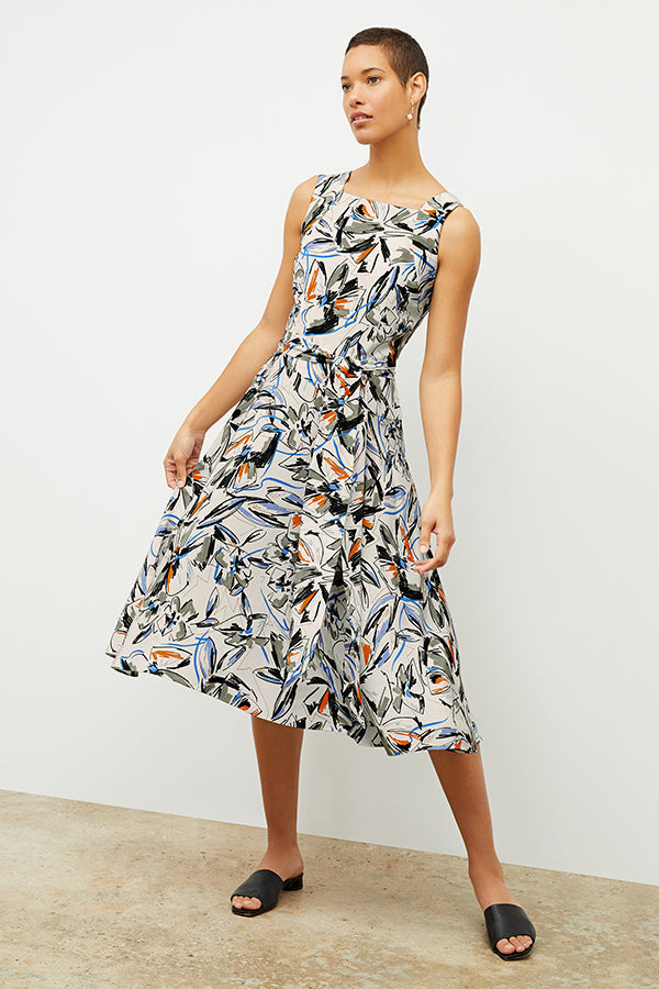 front image of a woman wearing the diemmy dress in sketchbook floral | Exclude | Grid