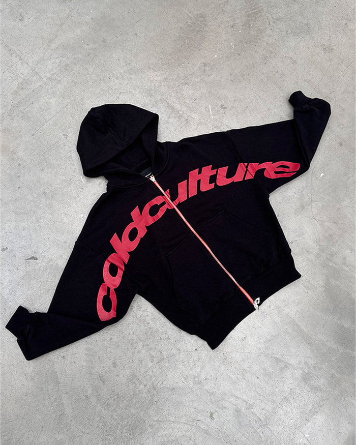 DRIVEN ZIP HOODIE BLACK - black oversized zip-up hoodie, flat lay - Cold Culture