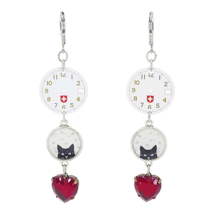 CSEW52W $74 - White Stainless Steel Cat O'Clock Watch Dials Earrings