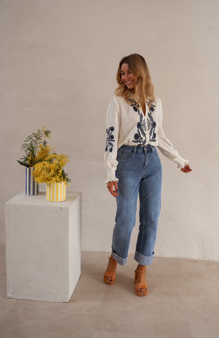 Ecru and Blue Embroidered Salome Blouse back view