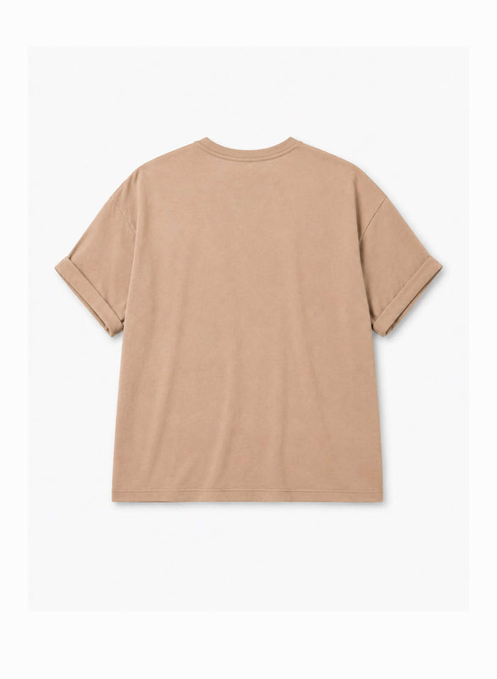 Japanese Made Essential Cotton T-shirt in sand color, featuring a relaxed silhouette and rolled short sleeves.