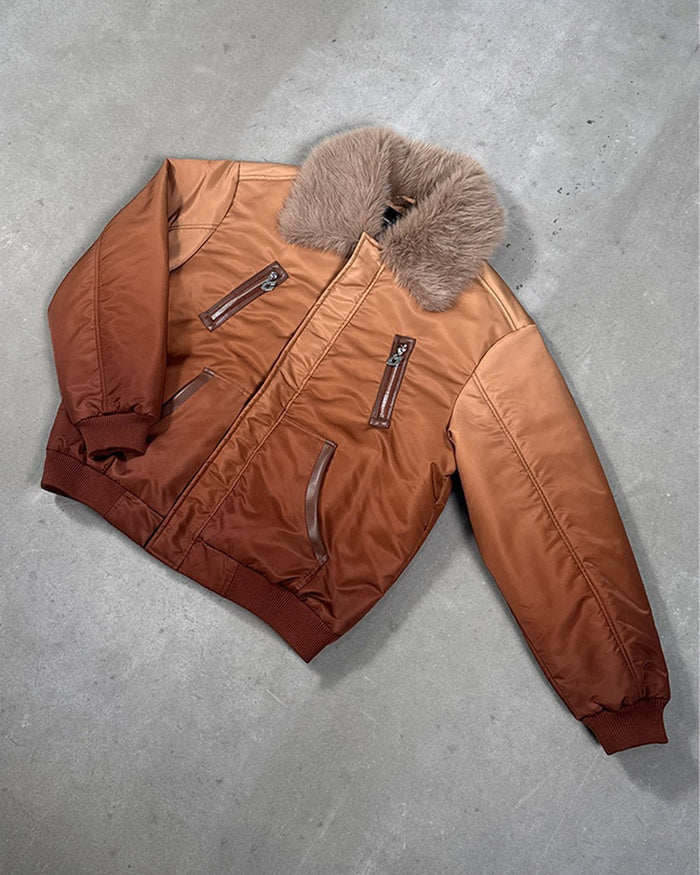 FADED BOMBER BROWN - brown faded bomber jacket, flat lay - Cold Culture