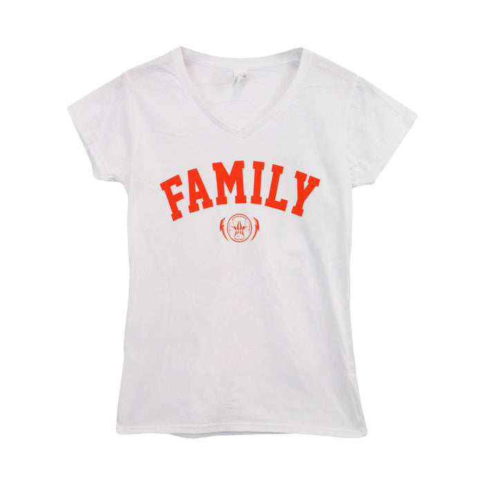 City Rocks white short-sleeve V-neck t-shirt featuring FAMILY in bold red letters and a small circular emblem printed beneath the text on the front.