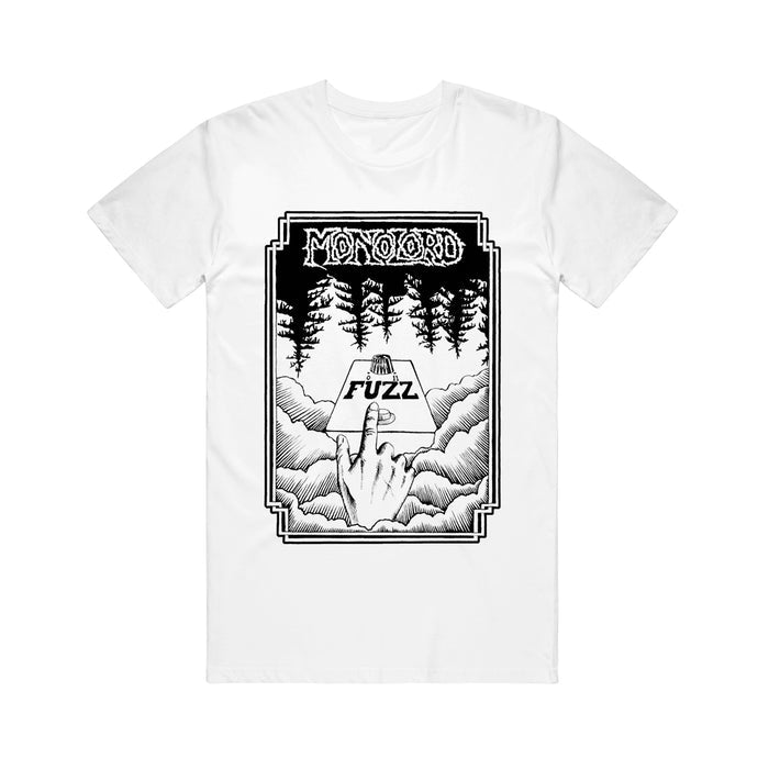 Classic fit white Monolord T-shirt made from 100% Gildan Heavy Cotton, featuring a black-and-white hand pressing a FUZZ pedal with clouds and trees, plus MONOLORD in stylized text at the top.