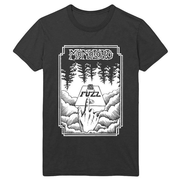 Monolord black T-shirt featuring a white graphic of a hand pressing a FUZZ pedal, surrounded by clouds and trees, with MONOLORD in stylized text at the top.