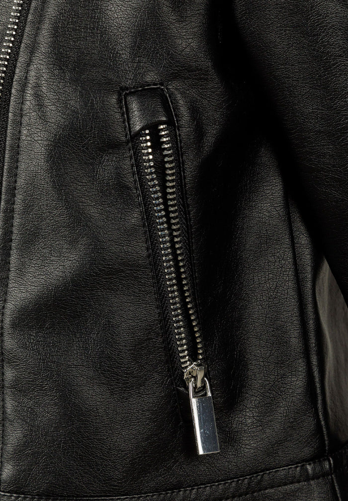 Close-up of a black biker jacket showing a silver zip and pocket.
