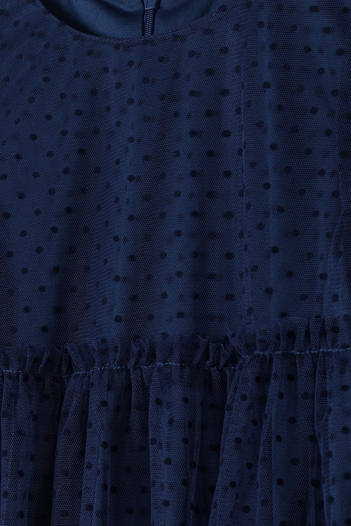Party Dress Navy Flock Spot, Tiered Tulle, Long Sleeve - 4
