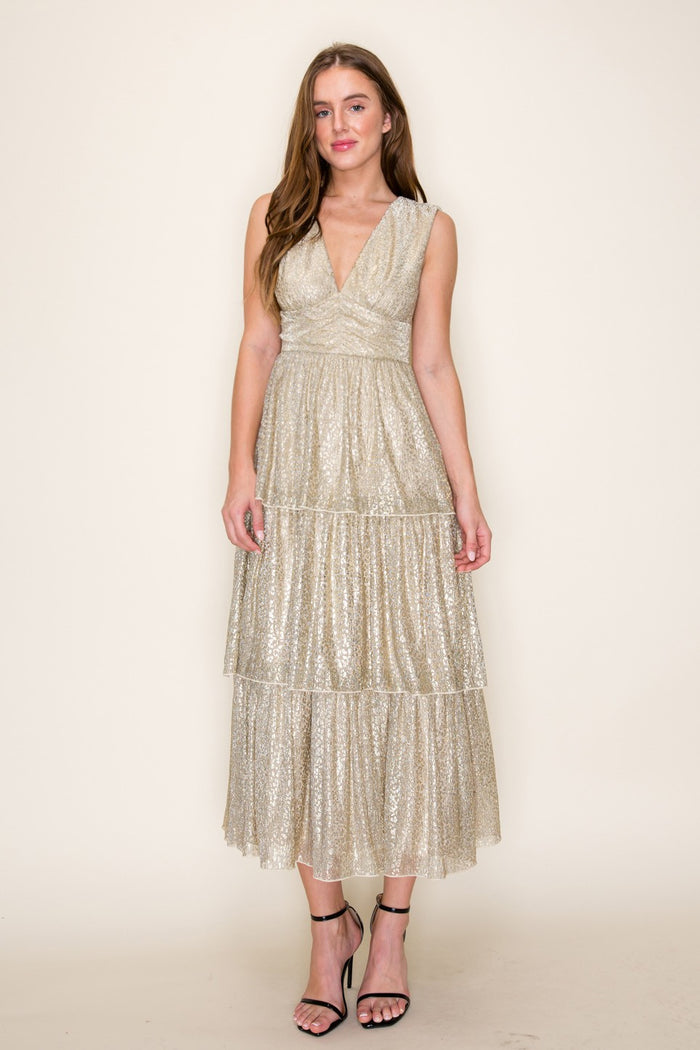 Gold Shimmer Tiered Maxi Dress
