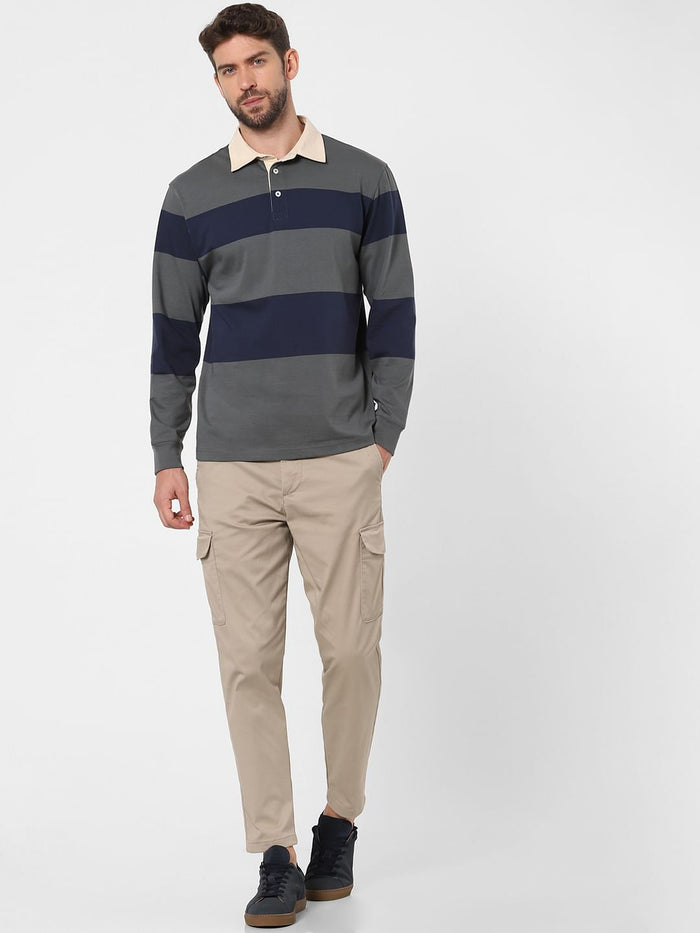 Grey Striped Polo Neck T-Shirt