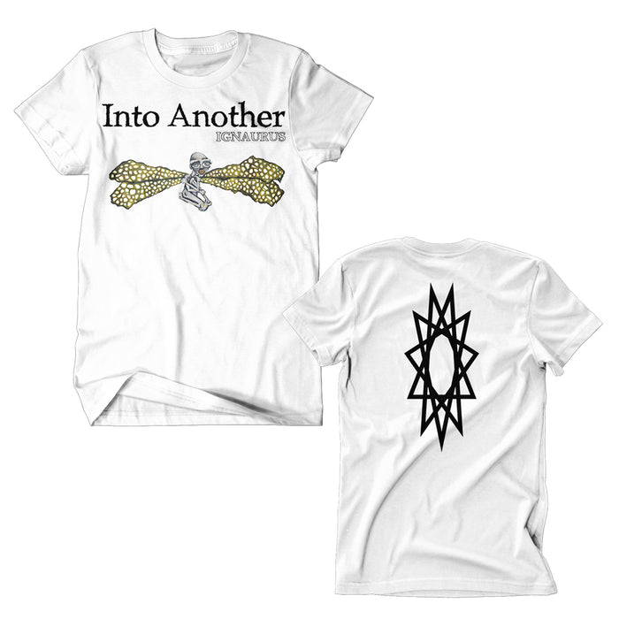 Into Another white t-shirt featuring “Ignarus” text and a winged skeleton on the front, plus a large black geometric starburst symbol on the back.
