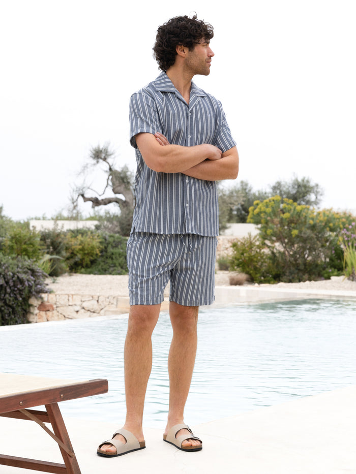 Leon Short Sleeve Relaxed Stripe Shirt - Navy