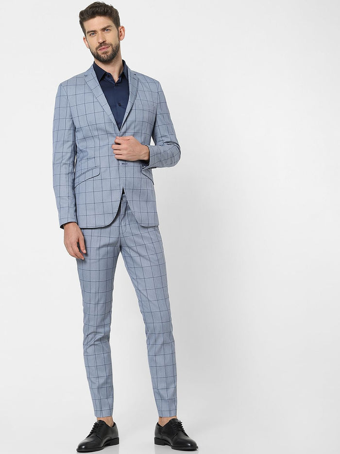 Light Blue Check Slim Fit Suit Blazer
