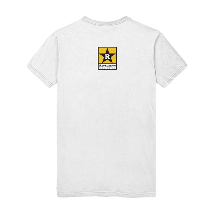 White t-shirt from Constant Elevation shown from the back, featuring a yellow and black rectangular logo near the top with a large black star, bold letter R, and REVELATION in capital letters below.