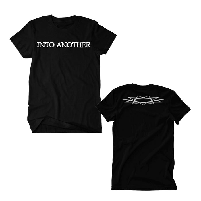 Into Another black t-shirt displayed front and back: the front features white INTO ANOTHER text, while the back shows a simple abstract white logo centered near the shoulders.