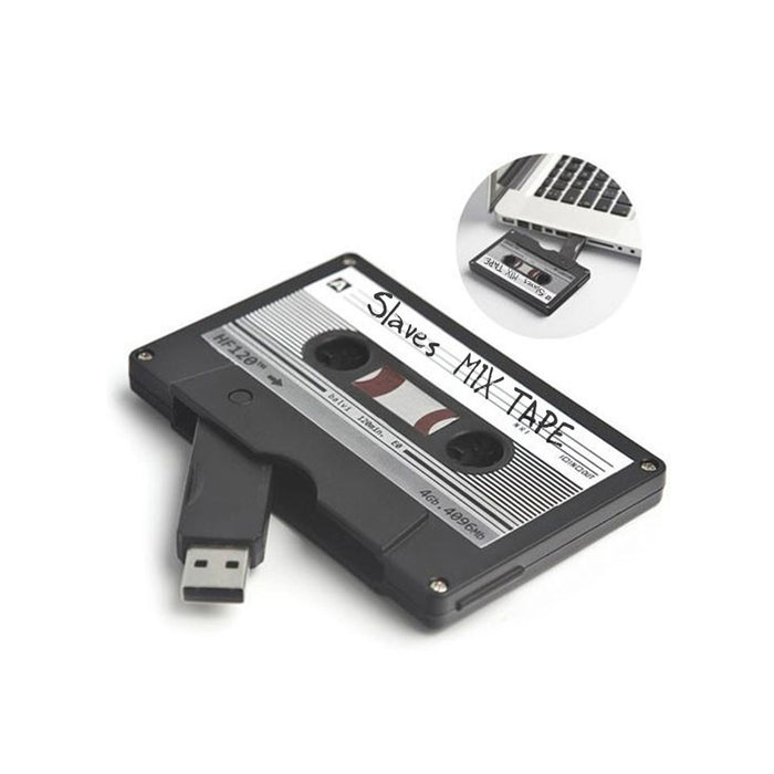 A USB flash drive by Slaves, styled as a retro cassette tape and labeled Slaves MIX TAPE, is shown plugged into a laptop in an inset image.