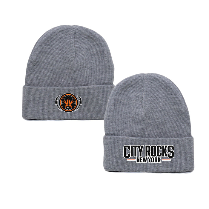 Two gray knit beanies by City Rocks: one features a stylized orange and black basketball logo, while the other displays CITY ROCKS NEW YORK in bold black and white letters on the cuff.