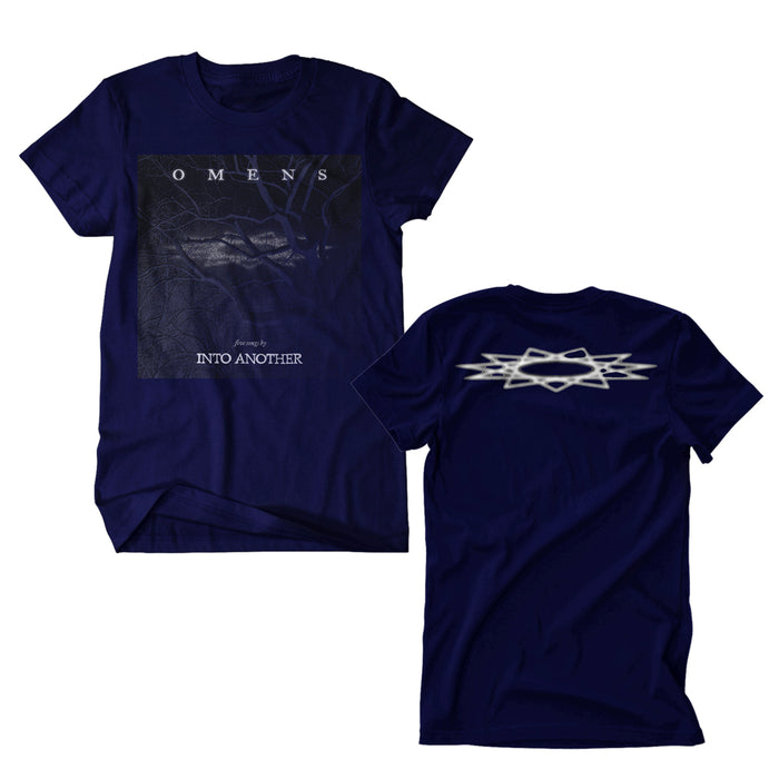 Navy blue Into Another t-shirt featuring OMENS and Featuring the INTO ANOTHER” over a dark abstract front design; white geometric graphic spans the upper back.