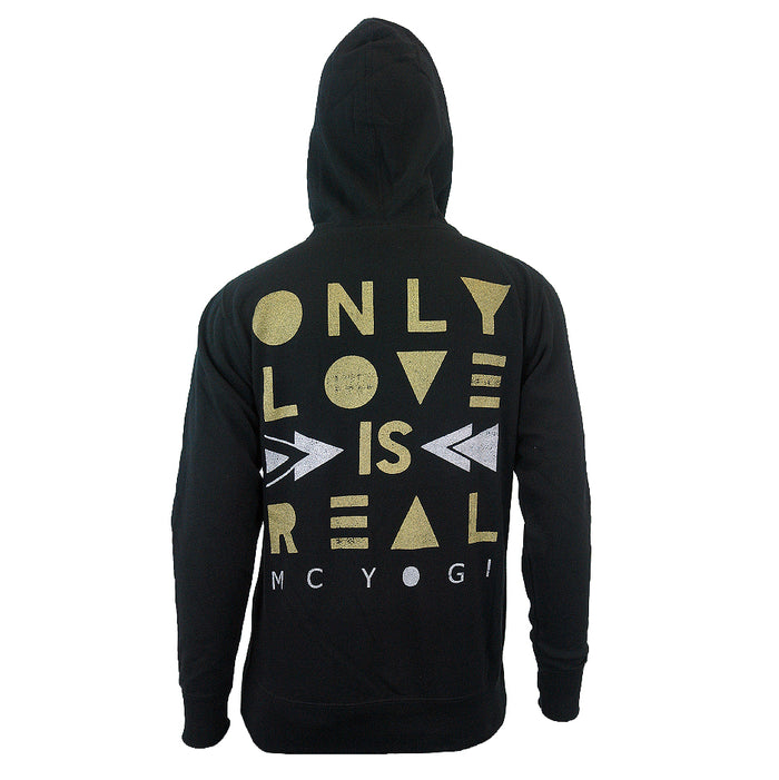 A person wears a black MC YOGI hooded sweatshirt featuring ONLY LOVE IS REAL and the brand name printed in bold geometric gold and white letters on the back.