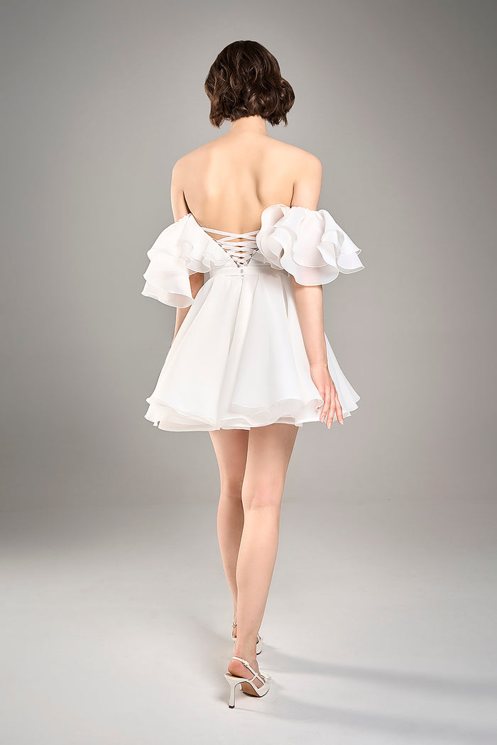 Organza Short White Wedding Dress Peony | Coset Off-Shoulder Bachelorette Dress