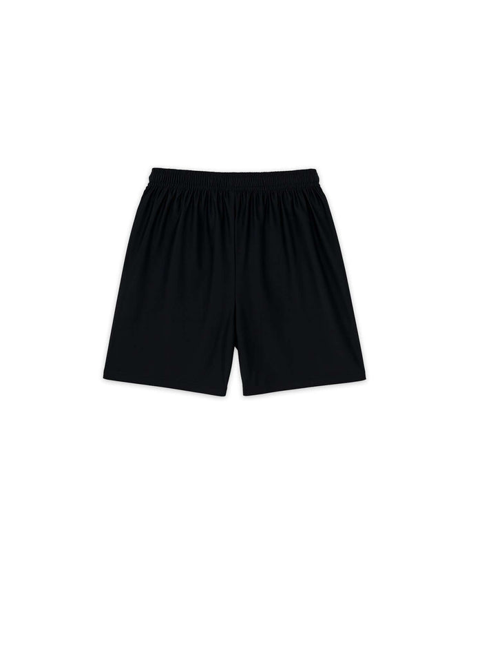 Performance soccer shorts in black, featuring a lightweight design and comfortable elastic waistband.