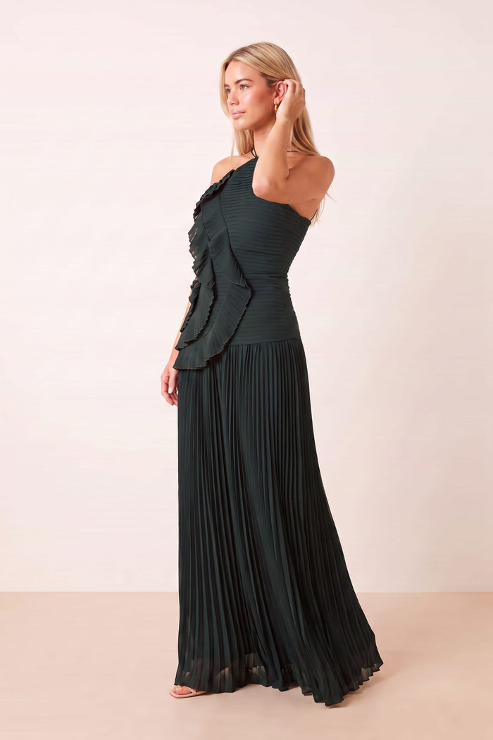 Pleated halter tie dress in Emerald green