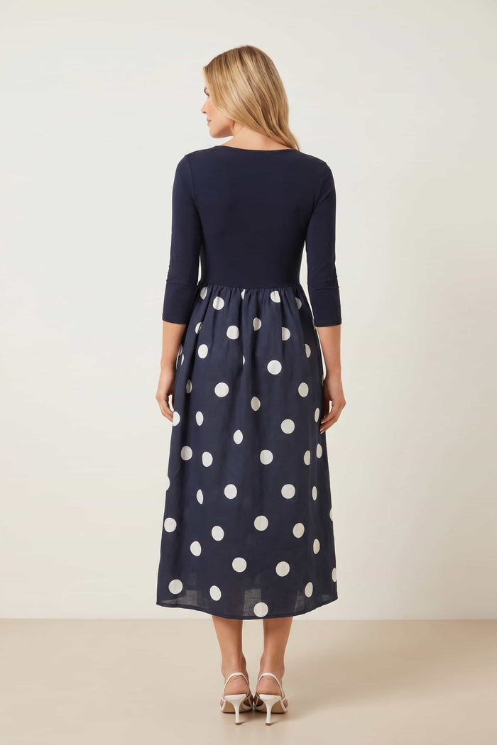 Sadie Navy and Cream Polka Dot 3/4 Sleeve Dress
