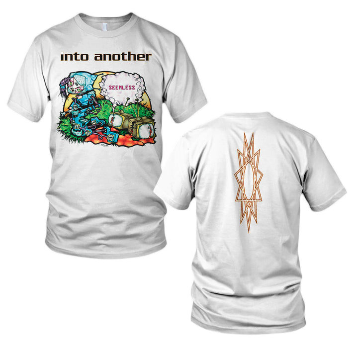 Into Another white t-shirt features colorful abstract artwork and Into Another and Seemless text on the front, with a geometric orange line design on the back. Both front and back views are displayed.