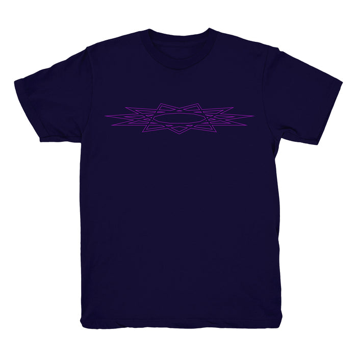 An Into Another navy blue T-shirt featuring a symmetrical abstract geometric line design in purple, centered on the chest.