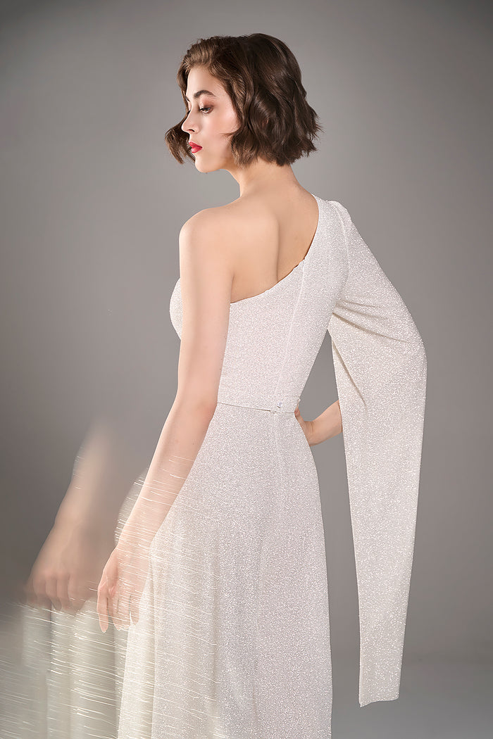 Sparkly Bridal One Shoulder Jumpsuit With Cape Sleeve Siera