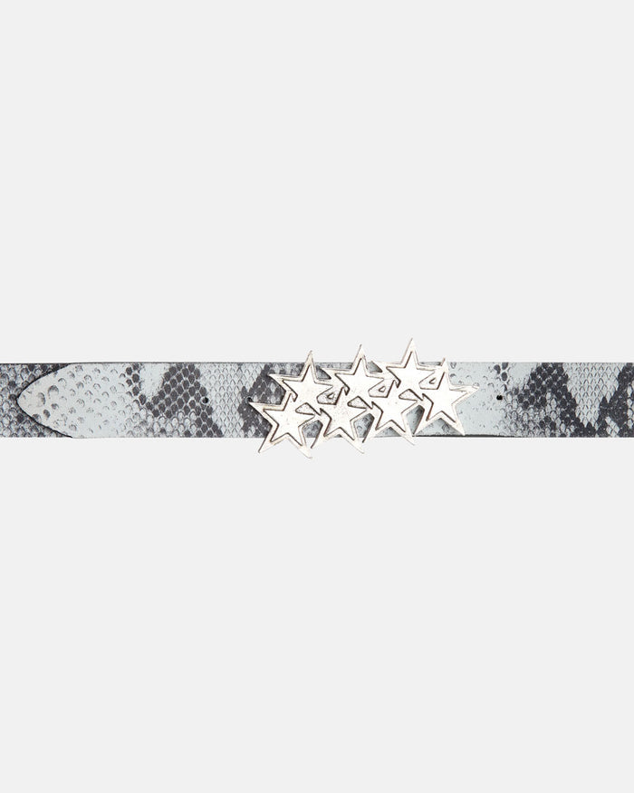 STARS LEATHER BELT BLACK SNAKE - grey snake print leather belt, detail close-up - Cold Culture