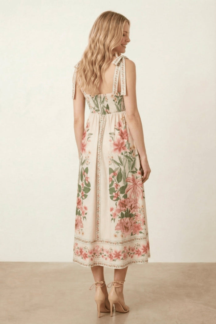 Strappy Scarf Print Floral Dress in Cream and Pink - Style Cheat