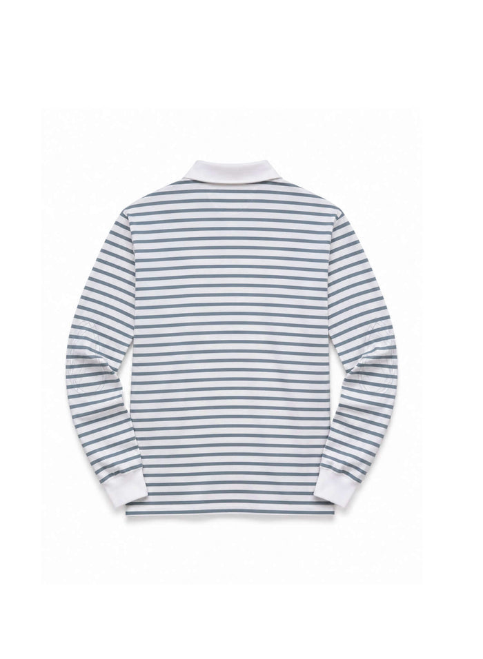 Back view of a striped long sleeve rugby shirt with blue-grey stripes on a white base and a white collar.
