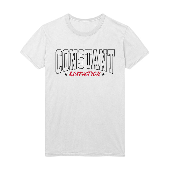 Constant Elevation white tee features bold black outlined “CONSTANT” above smaller red script “ELEVATION,” both centered on the front, with two small black stars flanking ELEVATION.