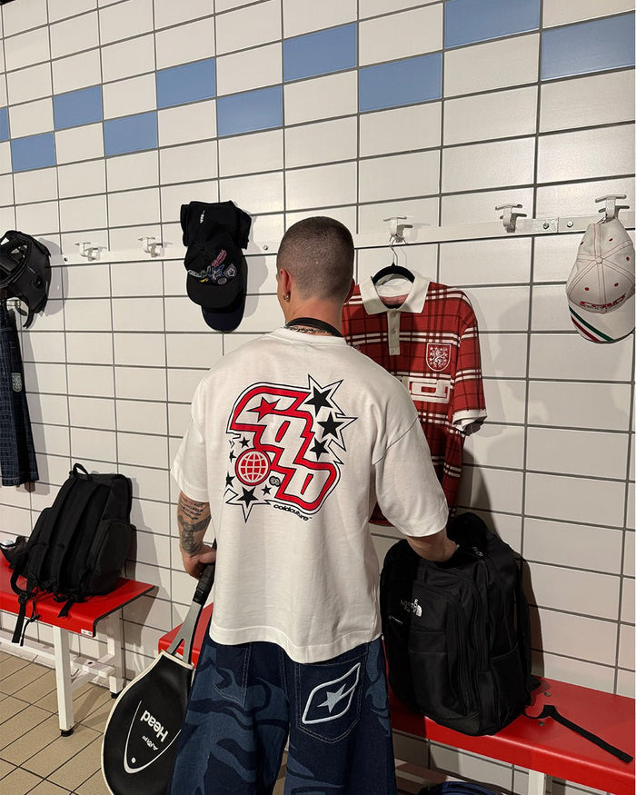 WALKER TEE WHITE - white graphic print tee, back view on male model - Cold Culture