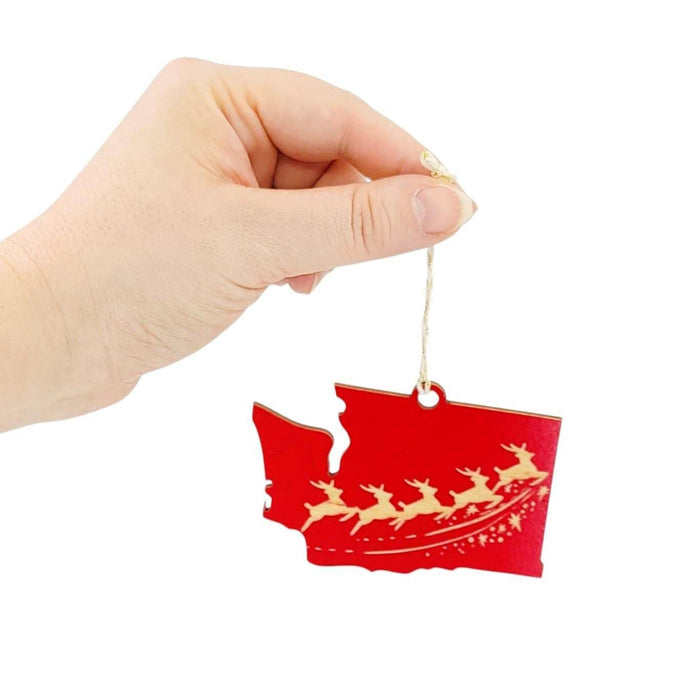 Wooden Ornament - Large - Reindeer WA State (Red) by SnowMade