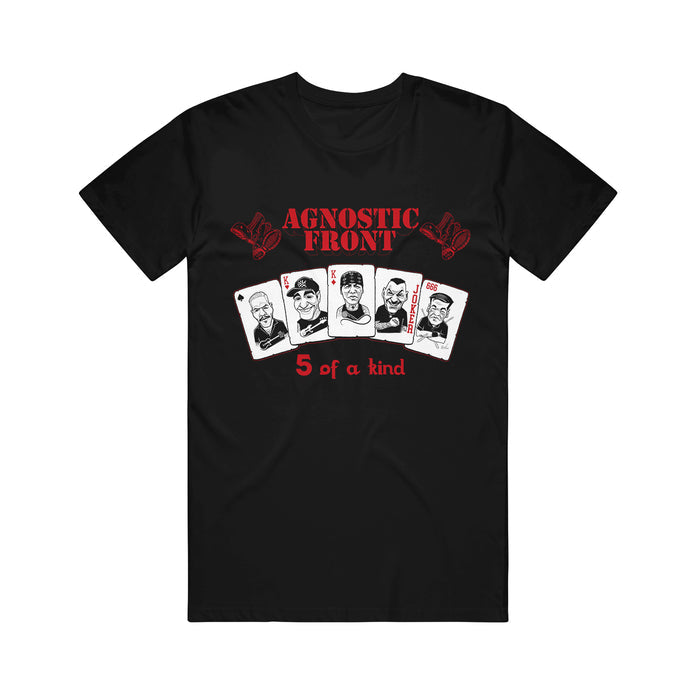Black Agnostic Front t-shirt with the bands name in red above five illustrated playing cards with cartoon faces; 5 of a kind printed in red below the cards.