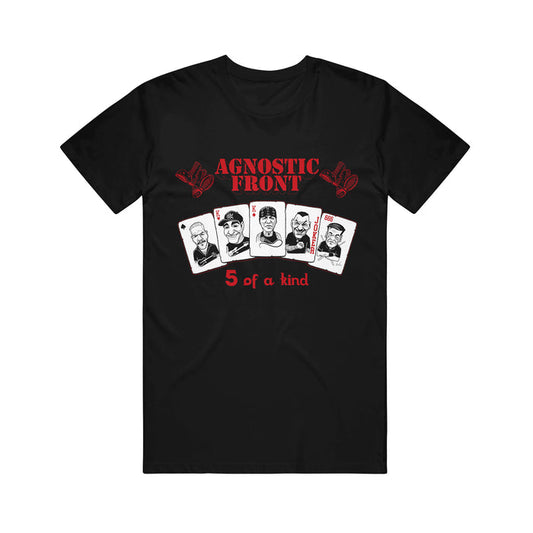 Black Agnostic Front t-shirt with the bands name in red above five illustrated playing cards with cartoon faces; 5 of a kind printed in red below the cards.
