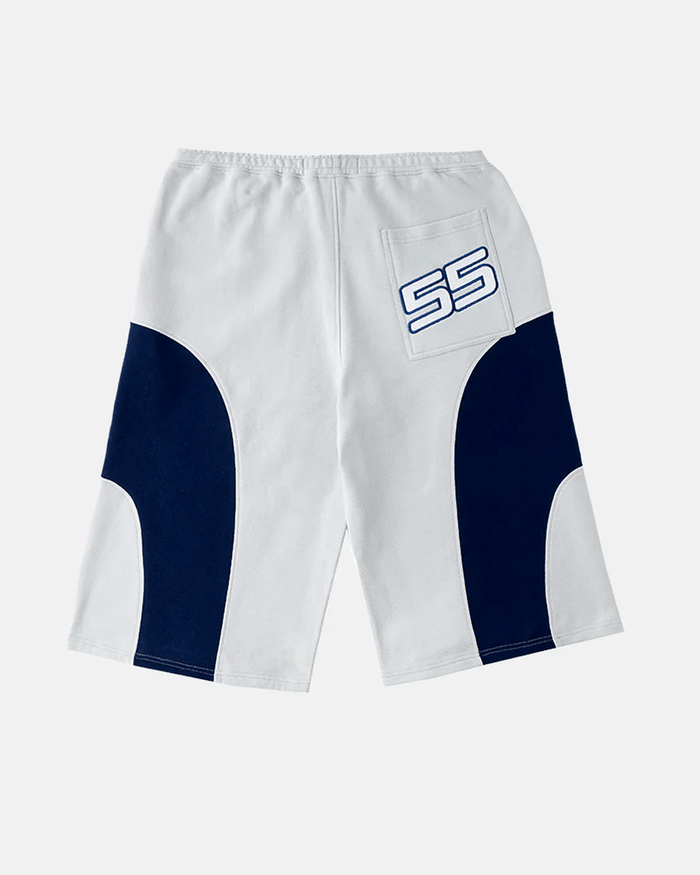 55 SWEAT SHORTS LIGHT GREY - light grey colorblock sweat shorts, back view - Cold Culture