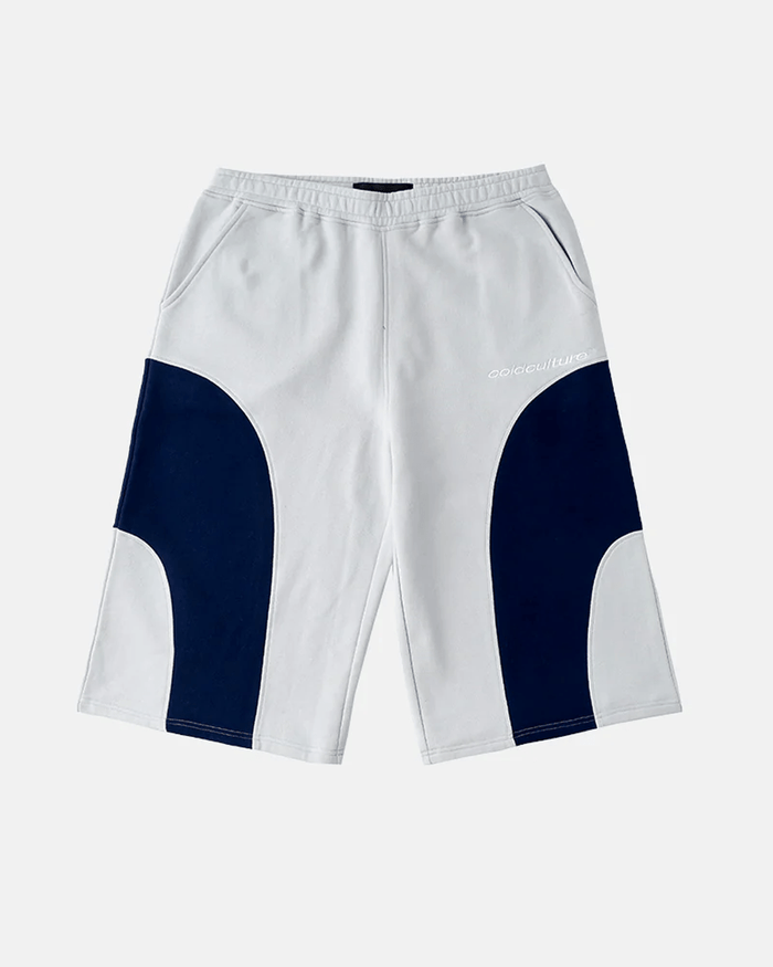 55 SWEAT SHORTS LIGHT GREY - light grey colorblock sweat shorts, front view - Cold Culture