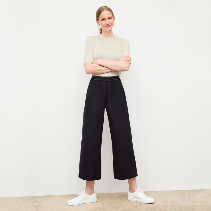 front image of a woman wearing the abby pant in black; workwear, machine washable pant | Lead